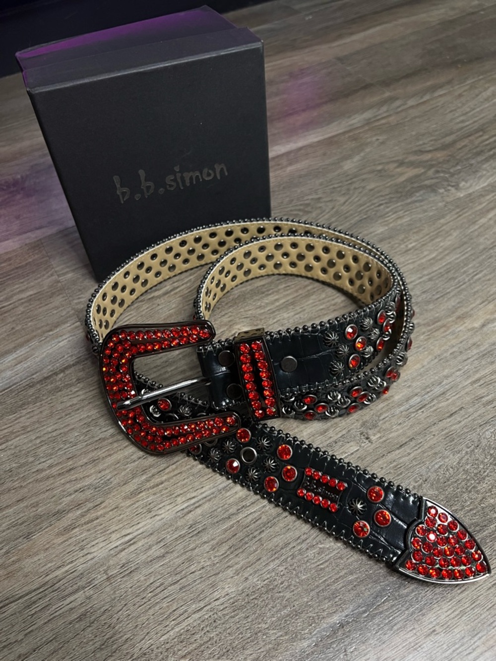B.B. Simon Black Leather Belt with Red Crystal Embellishments